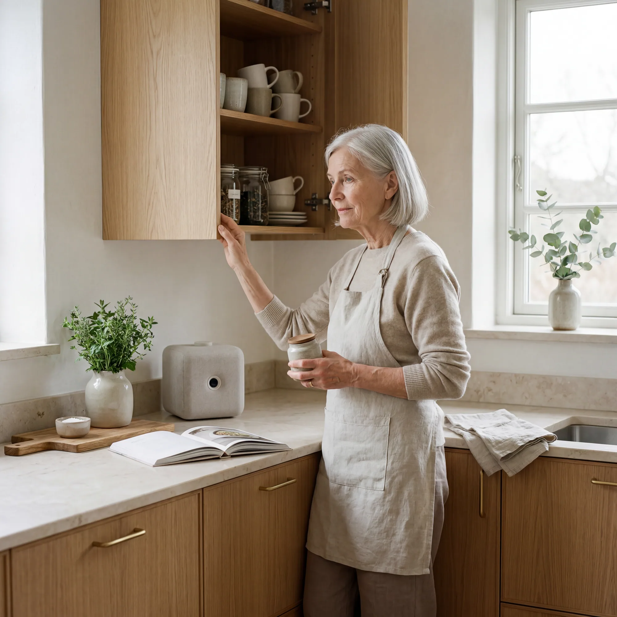 An older adult in a quiet domestic moment at home.