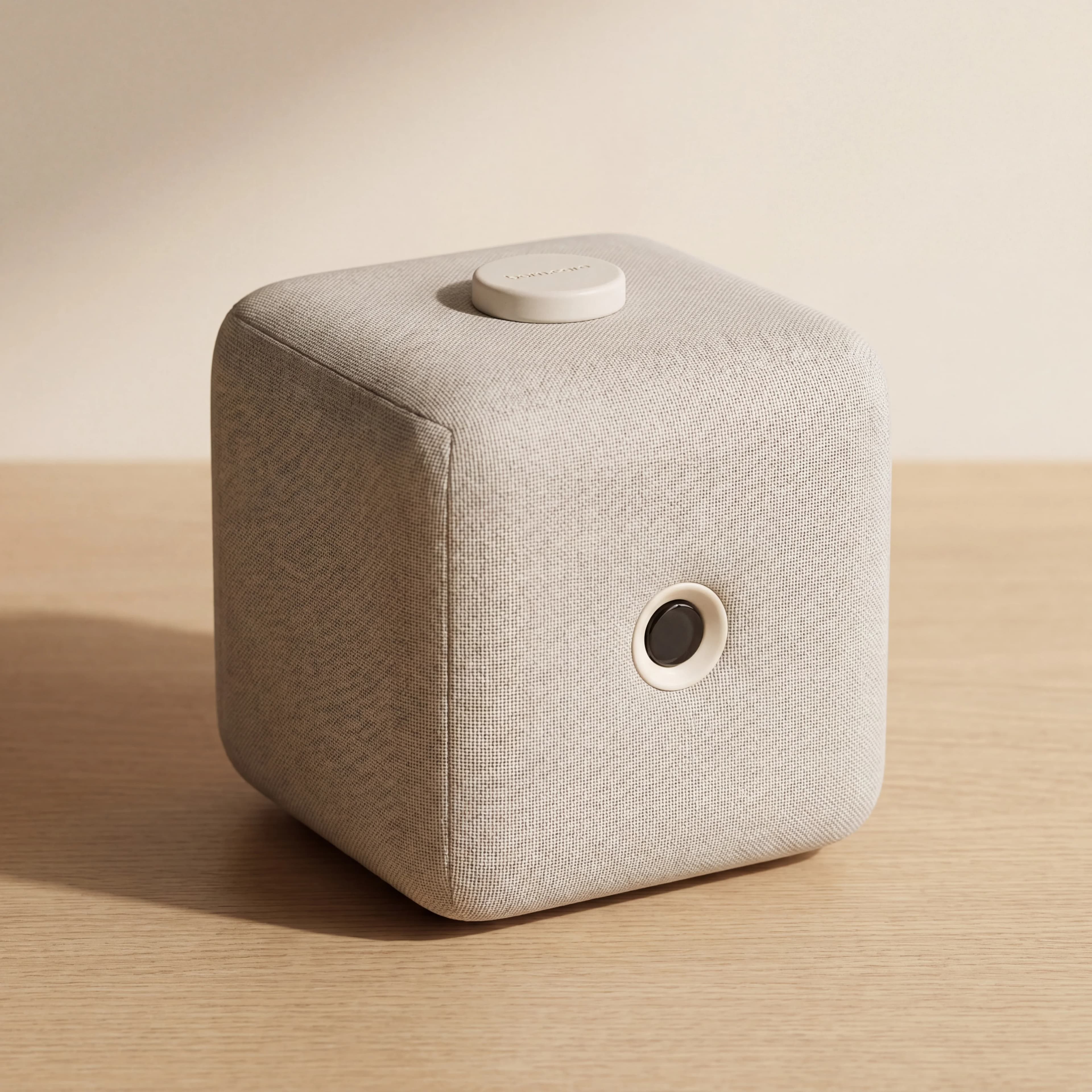 The Born Fall Sensor — a soft, fabric-wrapped device that sits on a shelf or wall.
